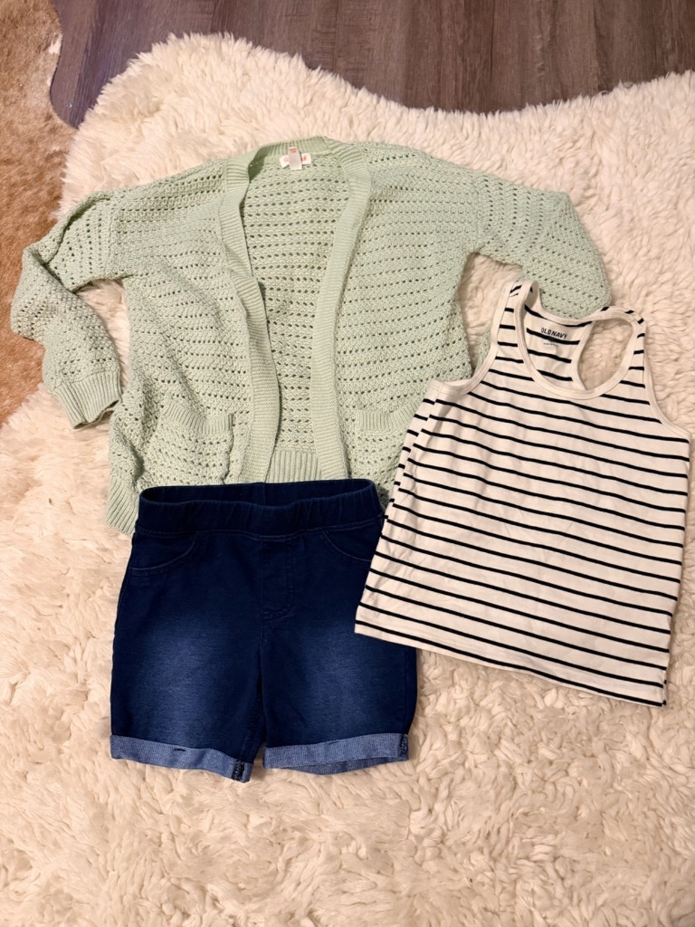 Cat & Jack Mint Green Open-Knit Cardigan with Navy Shorts and Striped Tank
